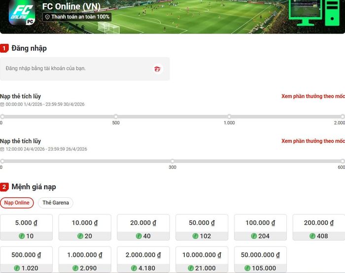 Nhanh tay nạp FC để tích lũy và nhận thưởng