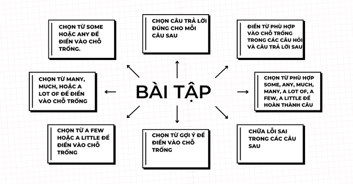 Tổng hợp các dạng bài tập some, any, much, many, a lot of, a few, a little