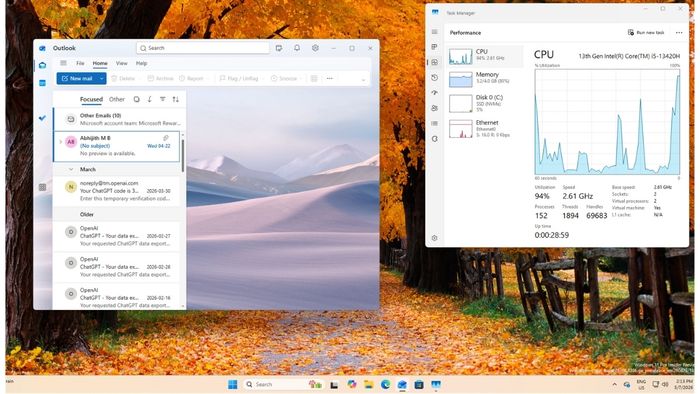 Mức sử dụng CPU tăng lên tới 94% trong quá trình mở Outlook