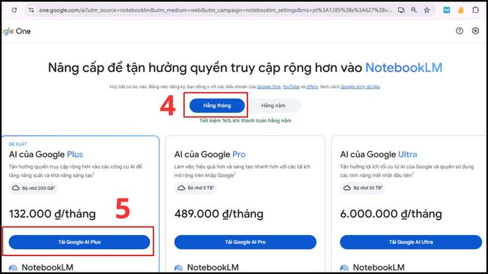 Hướng dẫn đăng ký và nâng cấp NotebookLM – bước 3