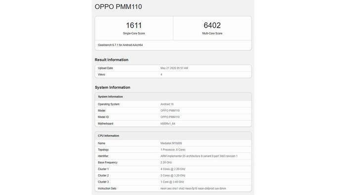 Trên Geekbench, OPPO Reno16 ghi điểm đơn và đa nhân đầy ấn tượng