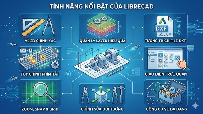 LibreCAD cung cấp nhiều tính năng thiết thực và hữu ích cho việc thiết kế kỹ thuật 2D.