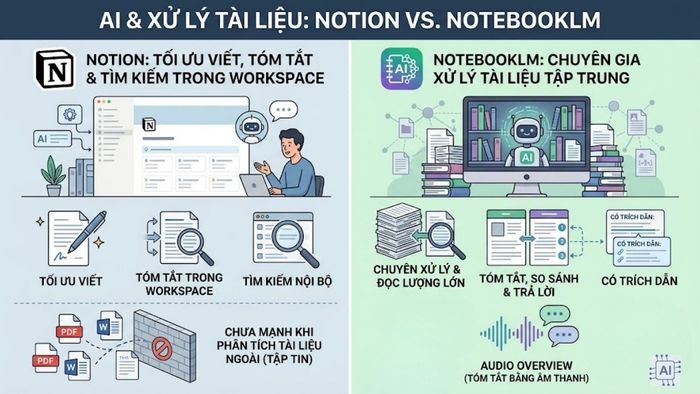 So sánh khả năng AI và xử lý tài liệu giữa Notion và NotebookLM