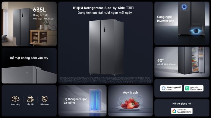Mijia Side-by-Side 635L dung tích lớn với Dual Inverter và công nghệ kháng khuẩn Ag+ Fresh