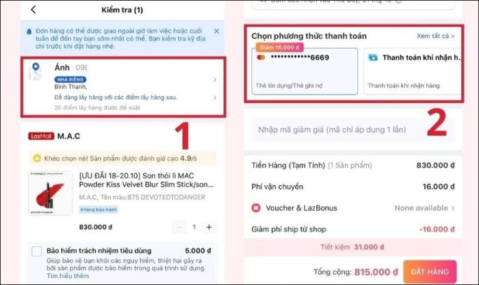 Xác nhận thông tin giao hàng và chọn phương thức thanh toán