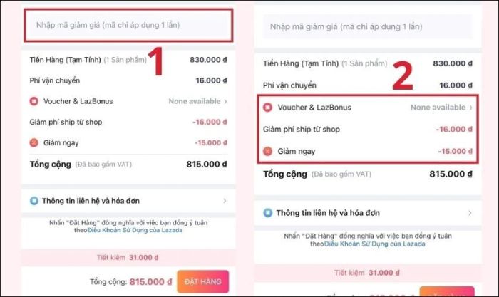 Lựa chọn voucher đã lưu trong ví hoặc nhập thủ công mã giảm giá