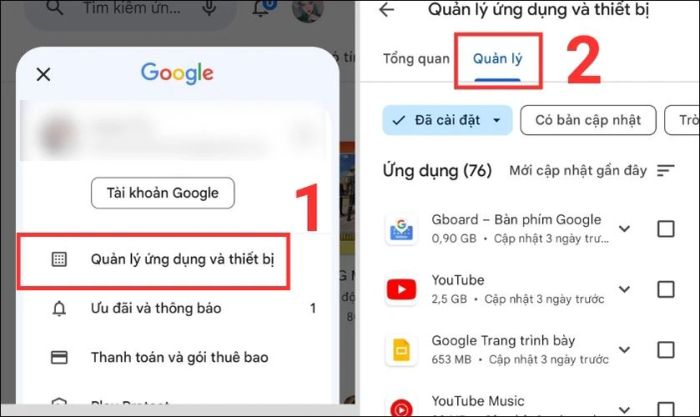 Truy cập vào mục Quản lý ứng dụng