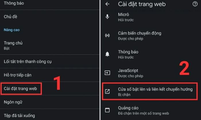 Truy cập vào mục Cửa sổ bật lên và liên kết chuyển hướng bị chặn