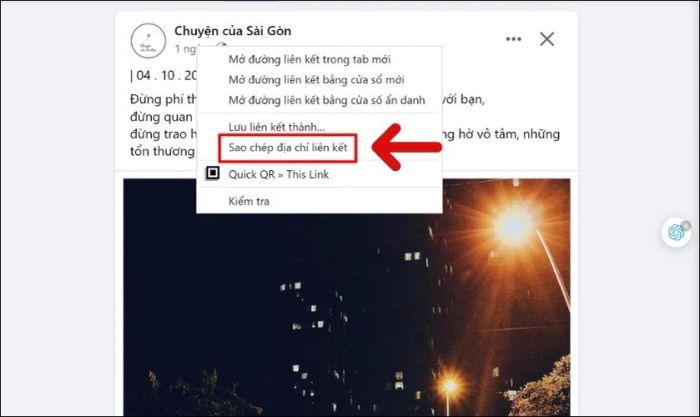 Nhấn chọn Sao chép địa chỉ liên kết