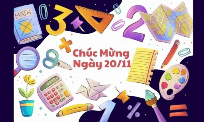Ảnh bìa chúc mừng Ngày 20/11 đẹp mắt, đầy đủ đồ dùng học tập, thể hiện lòng biết ơn thầy cô.