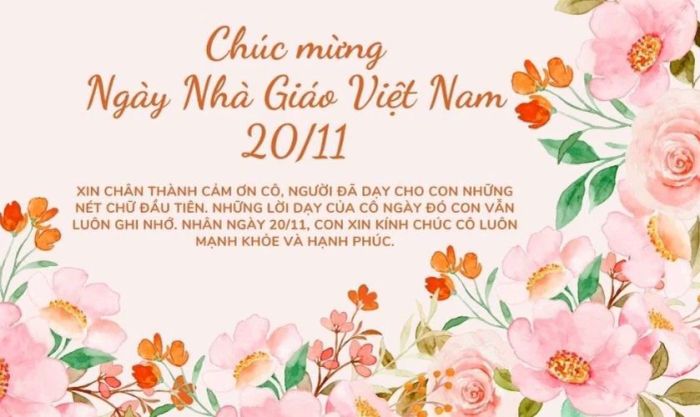 Ảnh kèm lời chúc ngọt ngào, với hình ảnh hoa hồng tươi đẹp, thể hiện sự kính trọng và tri ân thầy cô.