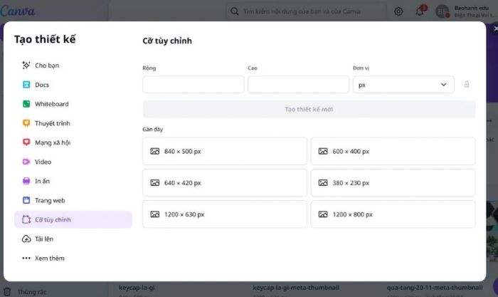 Trên giao diện Canva, bạn có thể bắt đầu tạo ảnh bìa với kích thước tùy chỉnh theo ý thích của mình.