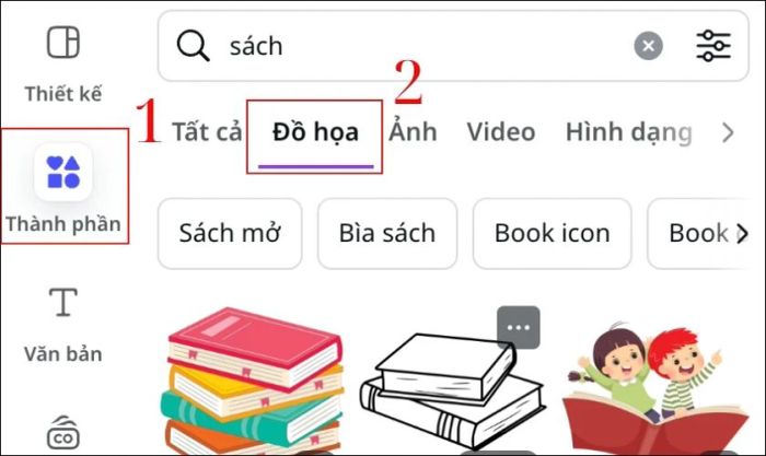 Tại mục Thành phần, bạn nhập các từ khóa như giáo dục, sách, vở… để tìm kiếm các yếu tố trang trí đẹp mắt từ mục Đồ họa.