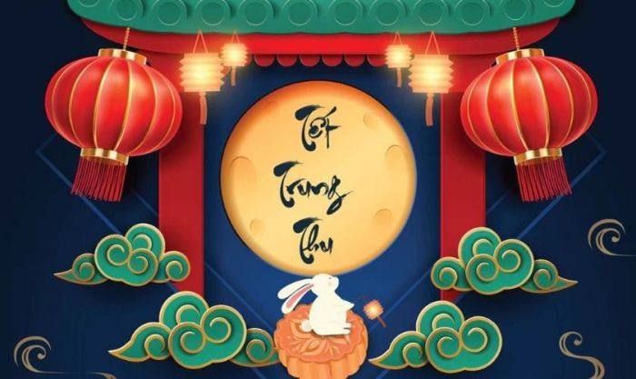 Phông nền Trung Thu kết hợp hình ảnh thỏ và trăng sáng