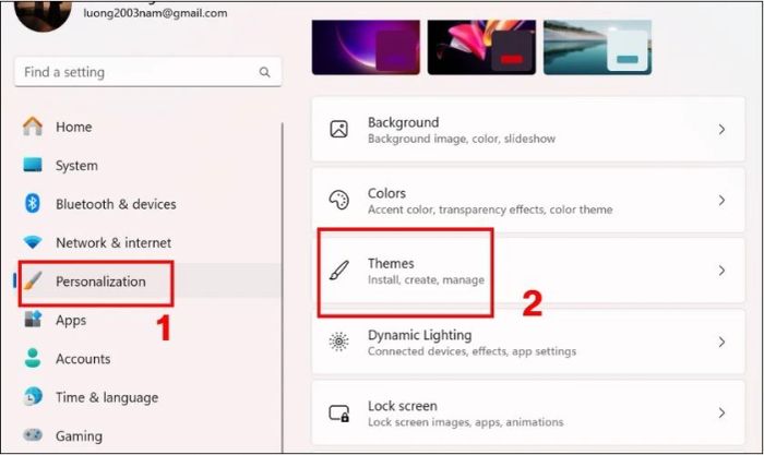 Di chuyển đến phần Personalization bên trái, sau đó nhấp vào mục Themes