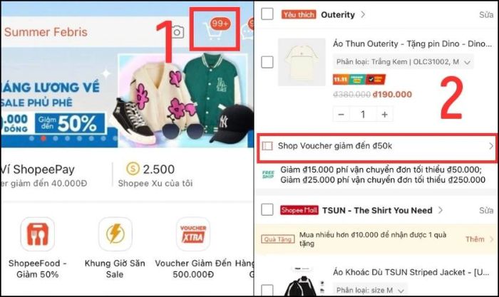 Mã giảm giá hiển thị tại Giỏ hàng
