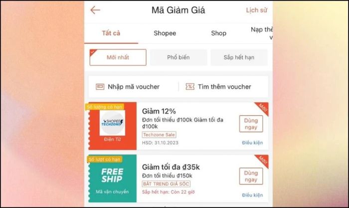 Mã giảm giá hiển thị trên trang chủ Shopee