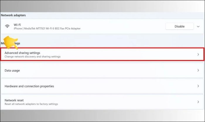 Chọn tiếp mục Advanced sharing settings
