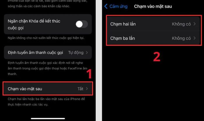 Chọn mục Chạm vào mặt sau và thiết lập số lần chạm