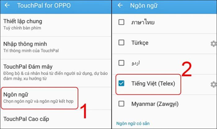 Chọn mục Ngôn ngữ và tìm đến Tiếng Việt (Telex) để hoàn thành quá trình cài đặt