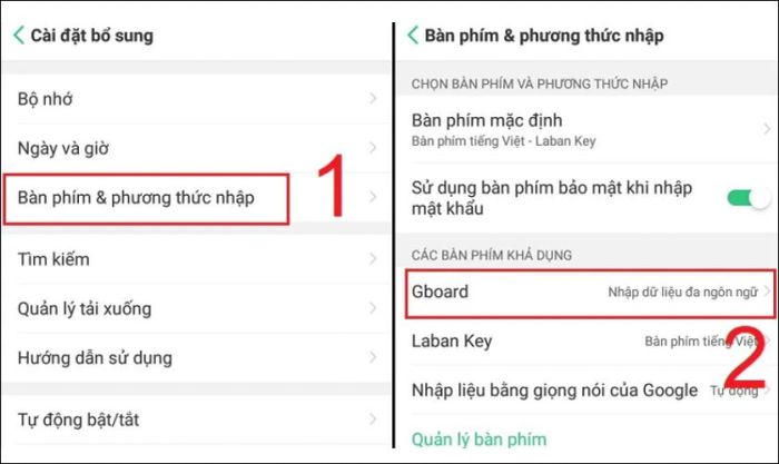 Chọn mục Bàn phím và phương thức nhập