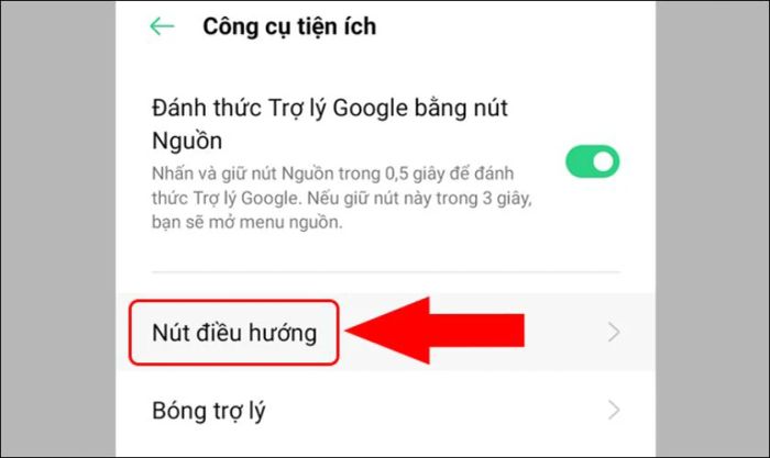 Chọn mục Nút điều hướng trong danh sách cài đặt