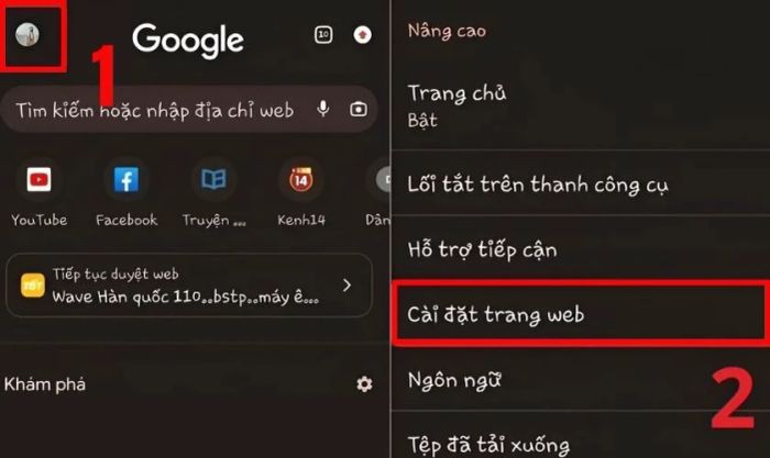 Truy cập mục Cài đặt trang web
