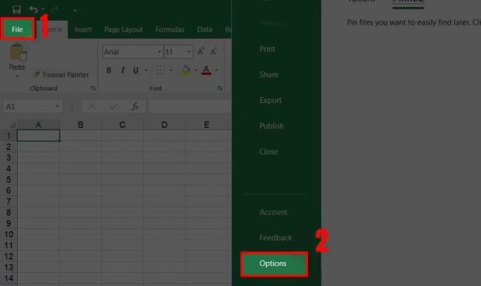 Chọn mục File, sau đó tiếp tục nhấn vào mục Options