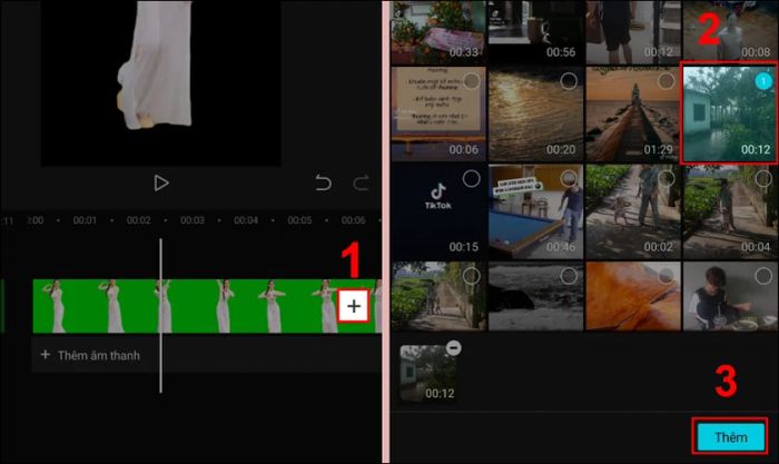 Nhấn vào biểu tượng thêm video, chọn video nền và nhấn thêm