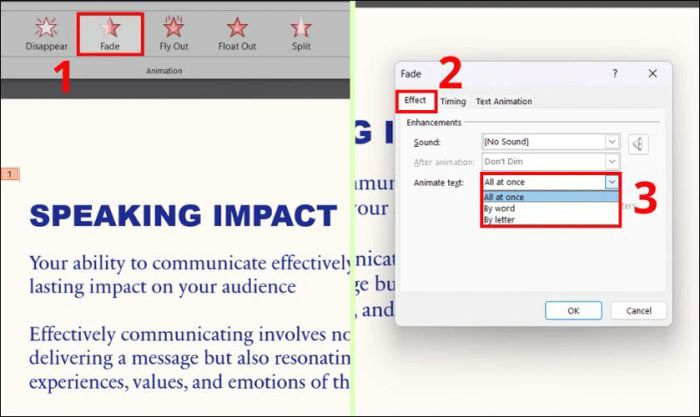 Mở hộp thoại Fade và chọn tab Effect để tùy chỉnh hiệu ứng