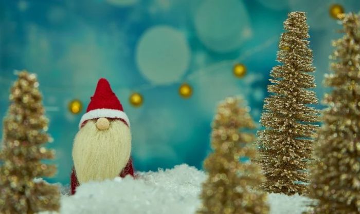 Hình ảnh ông già Noel đứng cạnh cây thông Noel