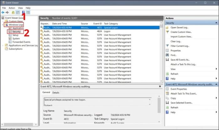 Trong Event Viewer, chọn mục Windows Logs và tiếp theo chọn mục Security