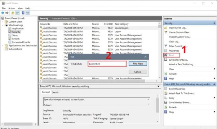 Sử dụng chức năng tìm kiếm (Find...) và nhập mã sự kiện Event ID 4672 để tìm kết quả liên quan.