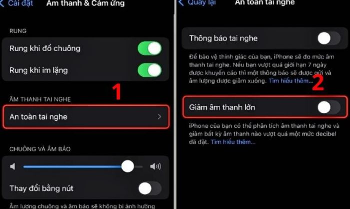Bạn vào mục An toàn tai nghe và tắt chế độ Giảm âm thanh lớn