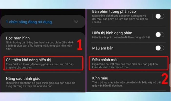 Mở Cải thiện khả năng hiển thị và chọn mục Điều chỉnh màu
