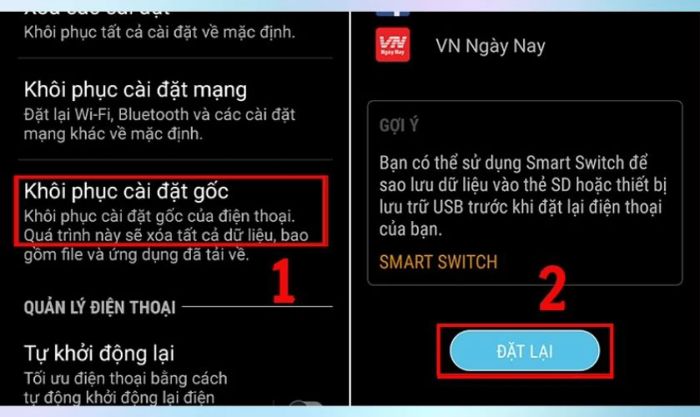 Chọn Khôi phục cài đặt gốc và nhấn Đặt lại