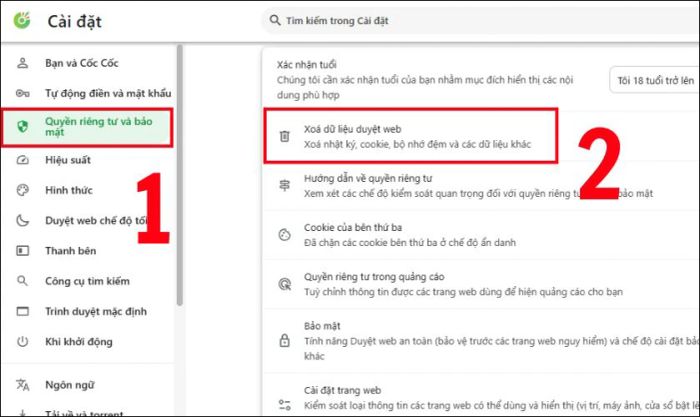Xóa bộ nhớ cache và lịch sử trình duyệt