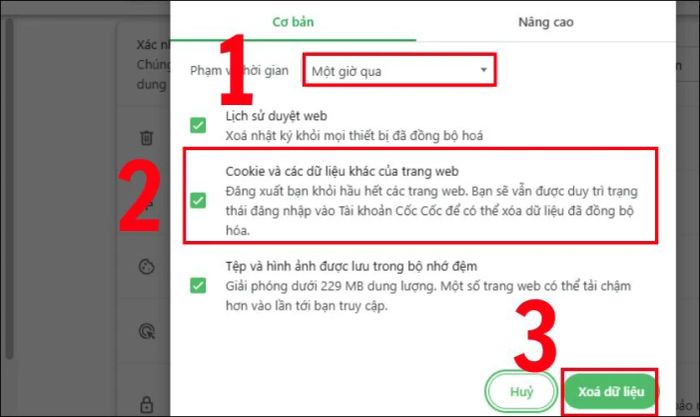 Tích chọn ô Cookie và các dữ liệu trang web rồi nhấn Xóa dữ liệu
