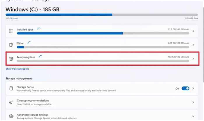 Nhấp vào mục Temporary files