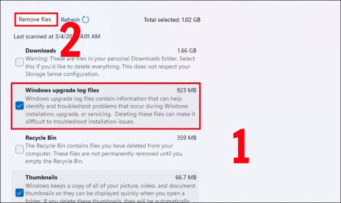 Đánh dấu vào ô Windows Update Cleanup và nhấn nút Remove files để xóa