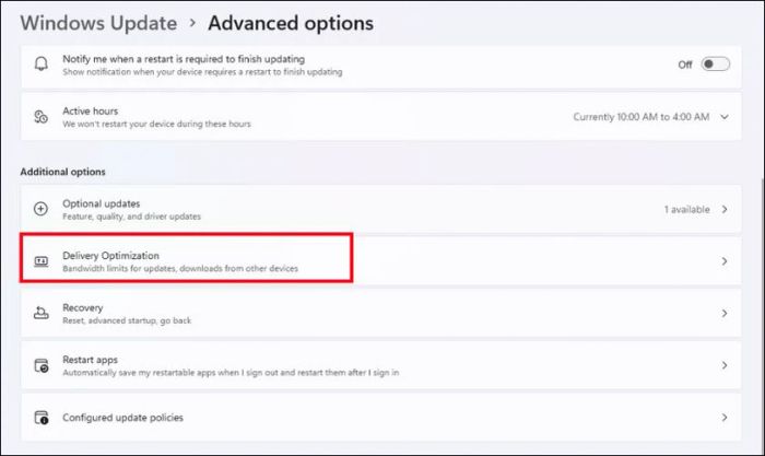 Nhấp vào mục Delivery Optimization