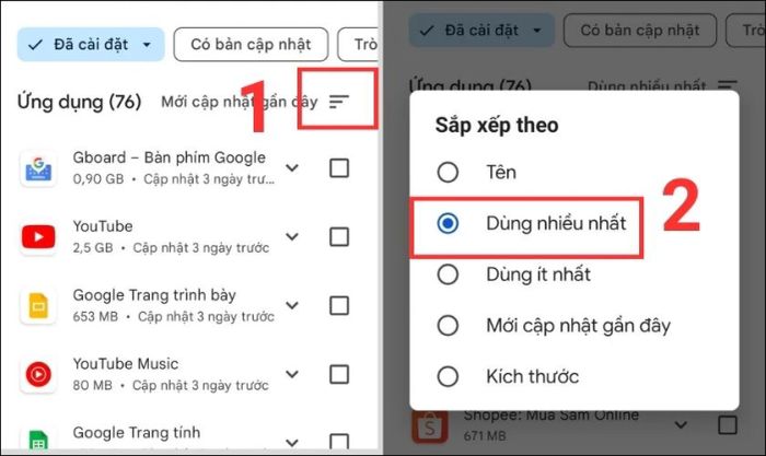 Lọc ra các ứng dụng được sử dụng thường xuyên