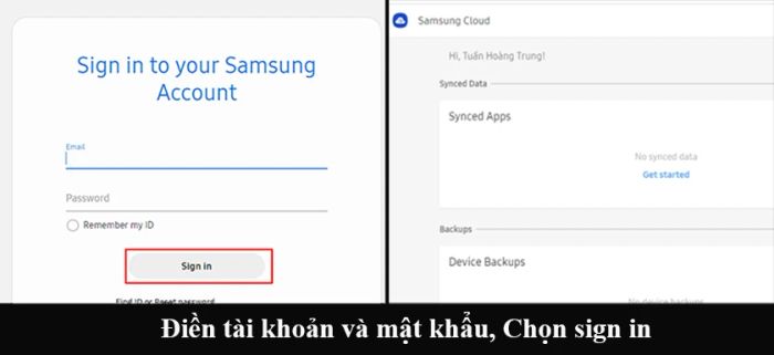 Nhập tài khoản và mật khẩu Samsung Cloud đã tạo ở bước trước. Sau đó, nhấn chọn Sign in.
