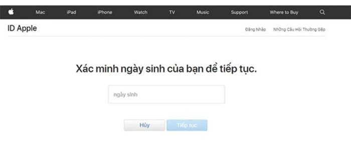 Nhập ngày, tháng, năm sinh của bạn → Nhấn Tiếp tục để tiếp tục.