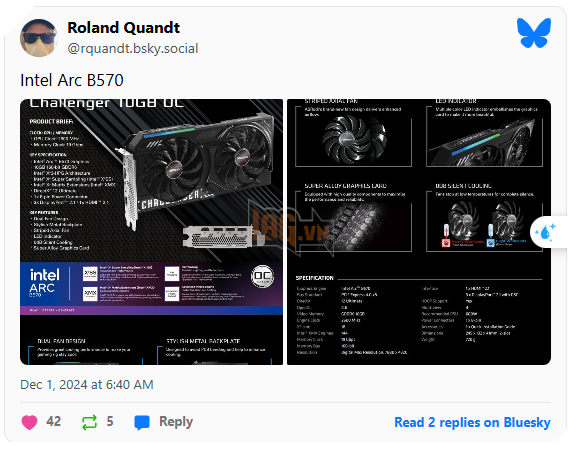 Thông số kỹ thuật của GPU Intel Arc B570 đã bị rò rỉ trước khi ra mắt chính thức