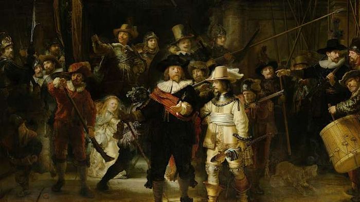 A close-up view of Rembrandt’s celebrated artwork ‘The Night Watch.’