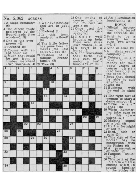 A crossword puzzle featured in a January 1942 edition of The Daily Telegraph.