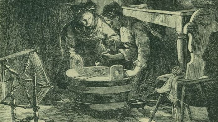 An illustration depicting women engaging in divination using lead or wax