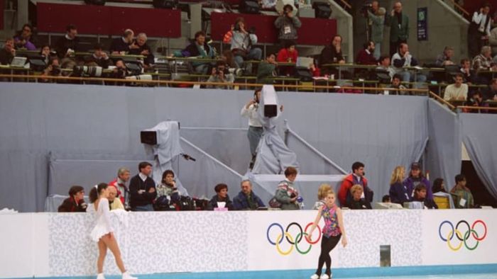 Nancy Kerrigan (left) and Tonya Harding go through their practice sessions in Lillehammer before the 1994 Winter Olympics.