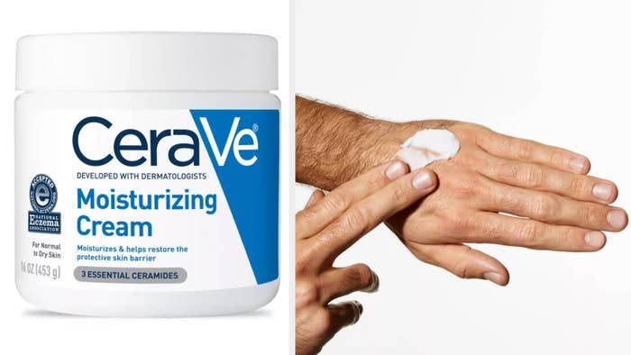 the cream in its jar and being applied to a hand
